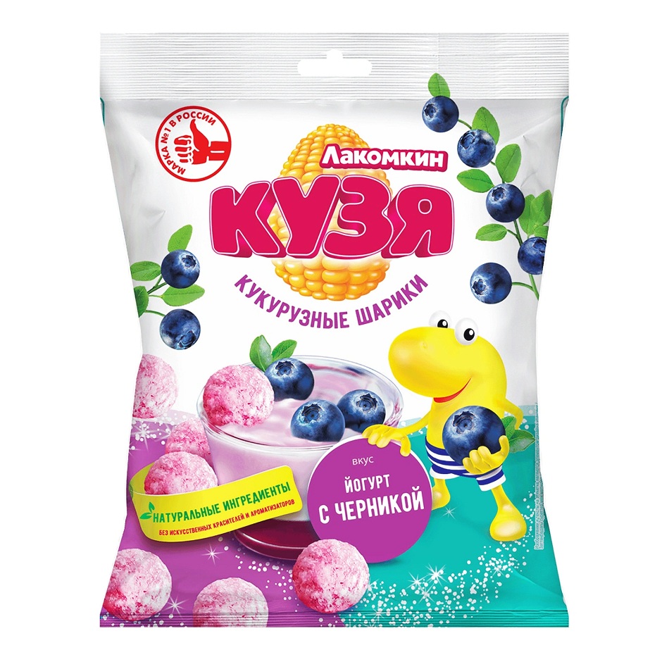 Кукурузные шарики Кузя Лакомкин со вкусом йогурта с черникой 50г - интернет-магазин Близнецы