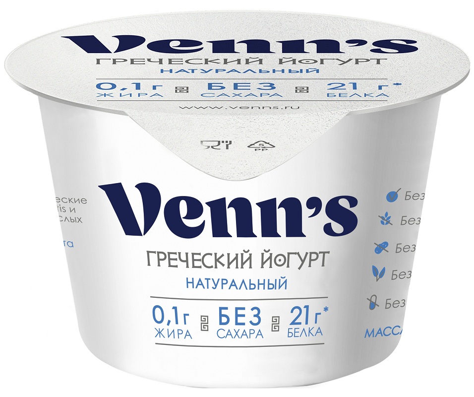 Йогурт 0% Греческий Venn's 0.1% натуральный 210г - интернет-магазин Близнецы
